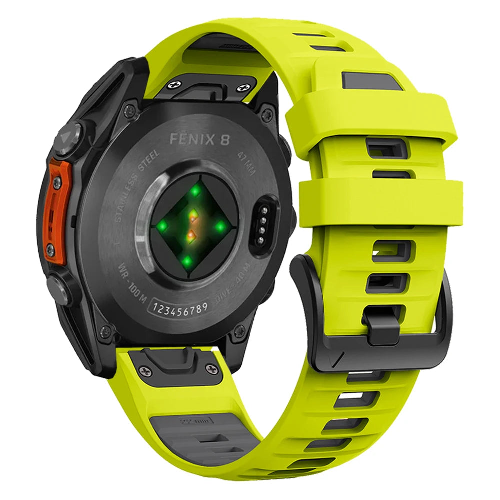 Garmin QuickFit Two-Tone Silicone Buckle Band lime and gray band shown from the underside