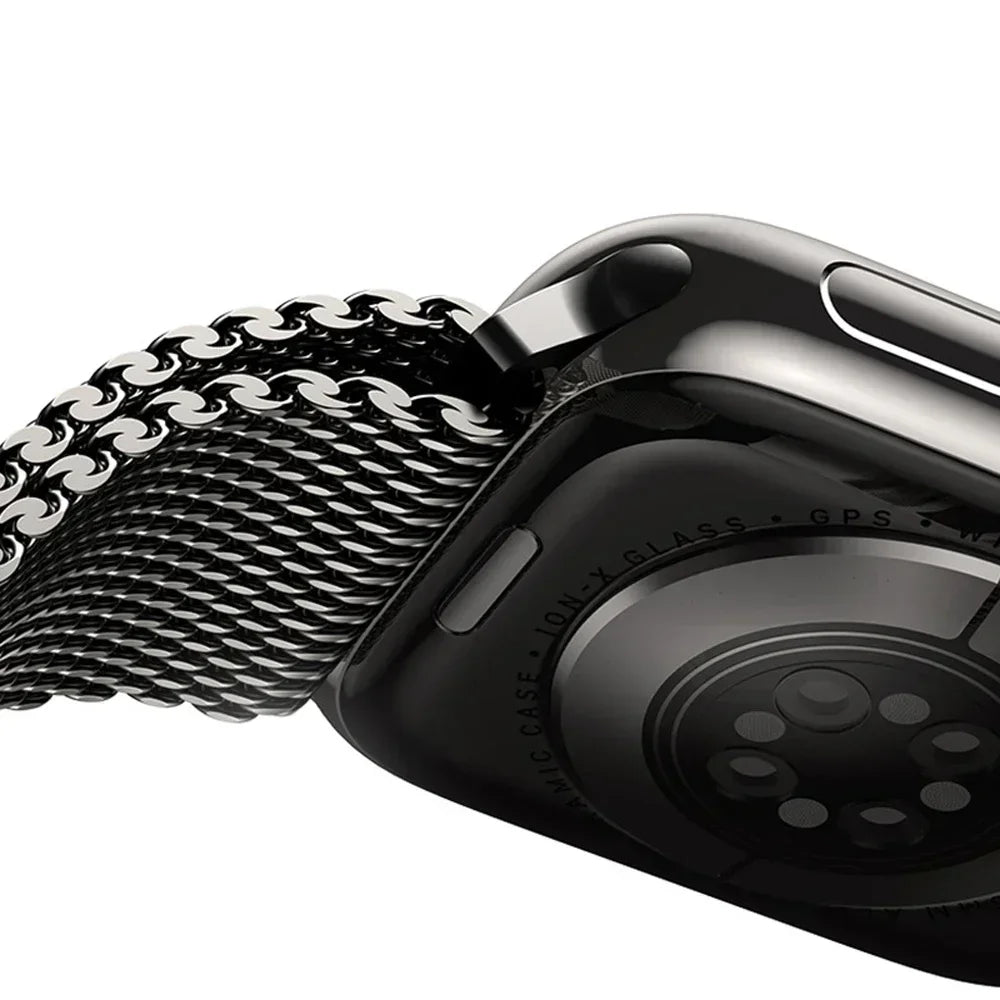 Close-up of woven metal mesh at the watch connector for Apple Watch
