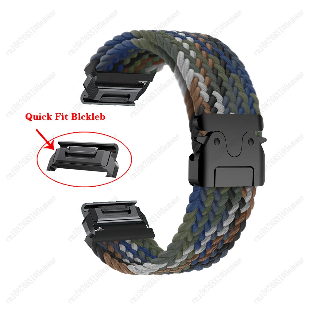 Garmin quick fit braided nylon strap in green, blue, and brown colors; lightweight and durable smartwatch replacement band.