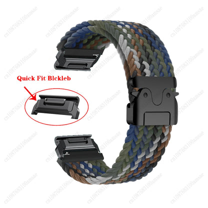 Garmin quick fit braided nylon strap in green, blue, and brown colors; lightweight and durable smartwatch replacement band.