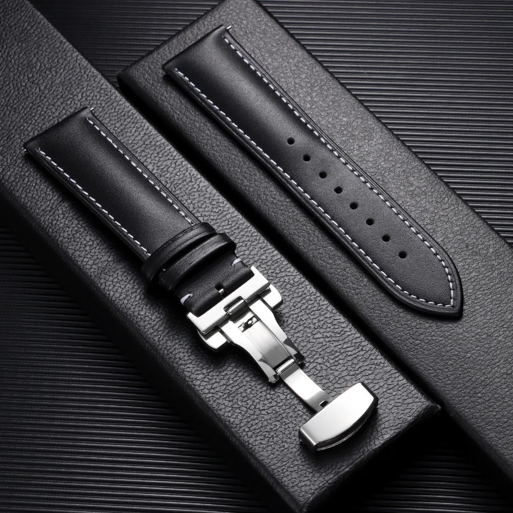 Leather Butterfly Clasp Band in Black, White Stitching