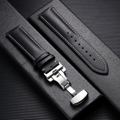 Leather Butterfly Clasp Band in Black, White Stitching