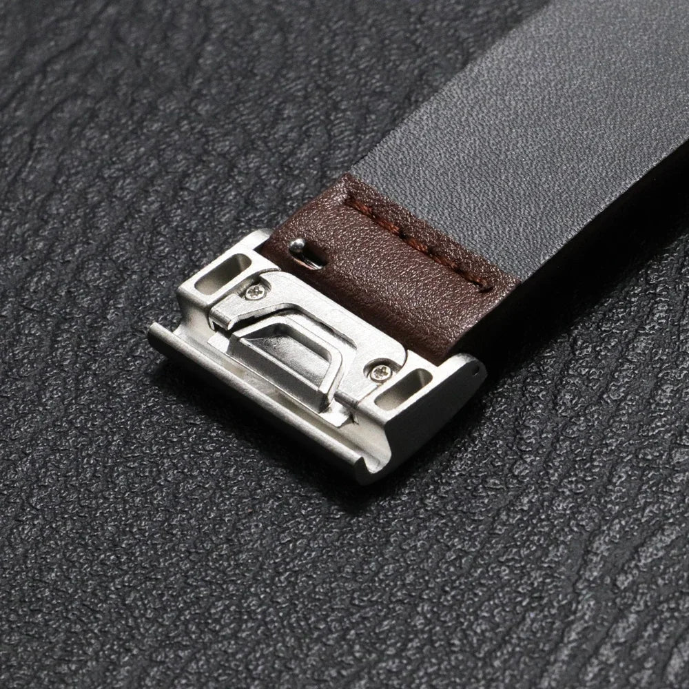 Garmin QuickFit Classic Leather Pin-Buckle Band leather stitching and QuickFit connector close-up