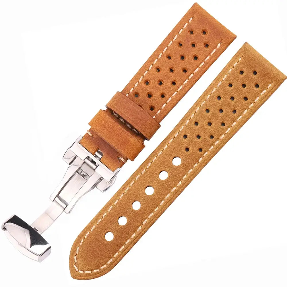 Perforated Leather Folding-Clasp Band in Tan Brown for compatible Huawei watches