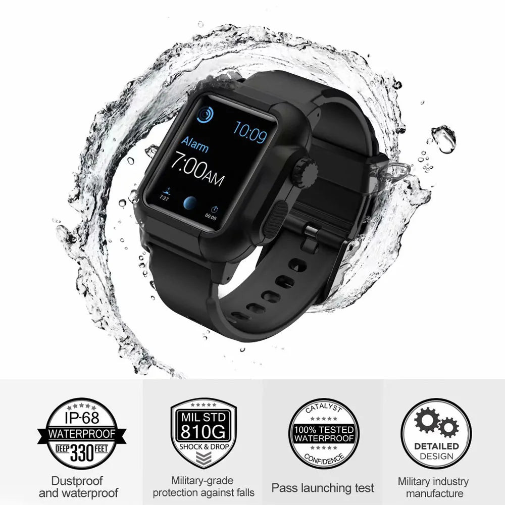Apple Watch Silicone Strap shown with waterproof features, designed for sports and durability, displaying time and alarm.