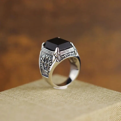Black Agate Geometric Ring, 925 Sterling Silver - view 8