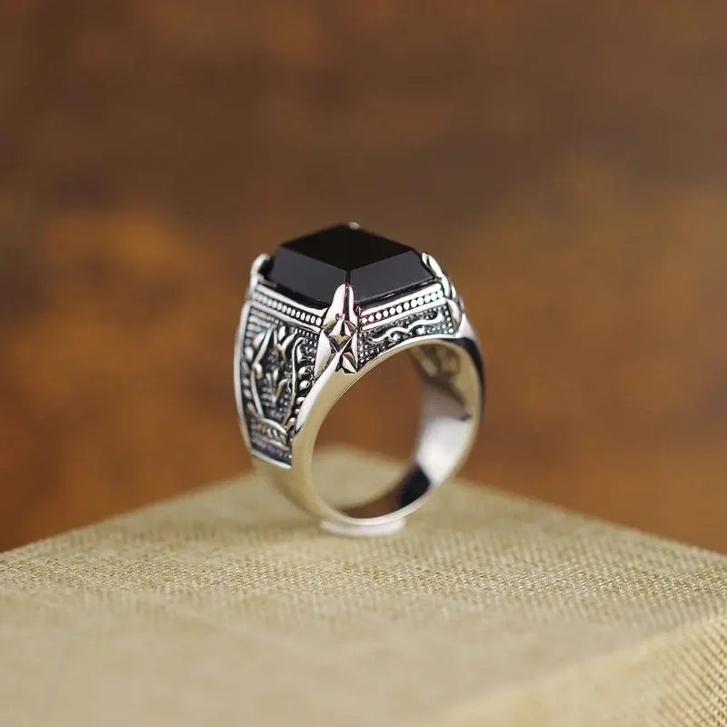 Black Agate Geometric Ring, 925 Sterling Silver - view 8