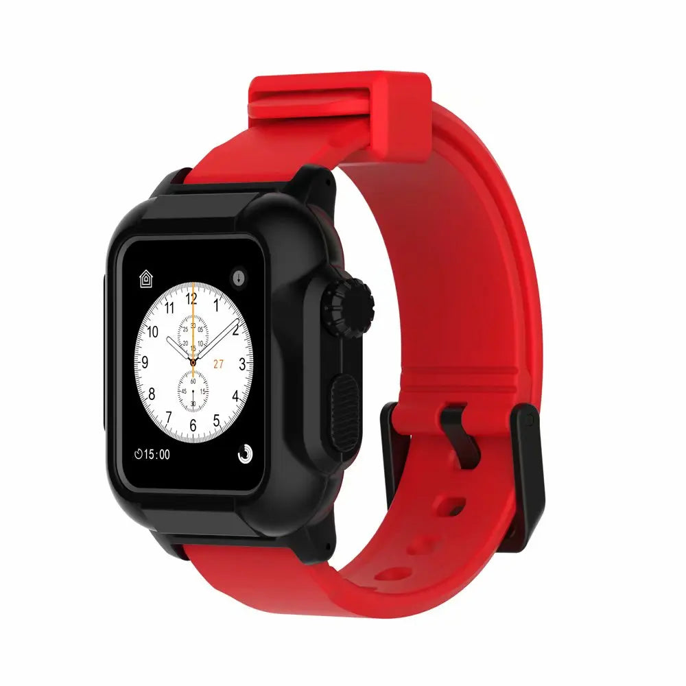 Apple Watch silicone strap in vibrant red, featuring a waterproof luminous design, suitable for workouts and outdoor activities.