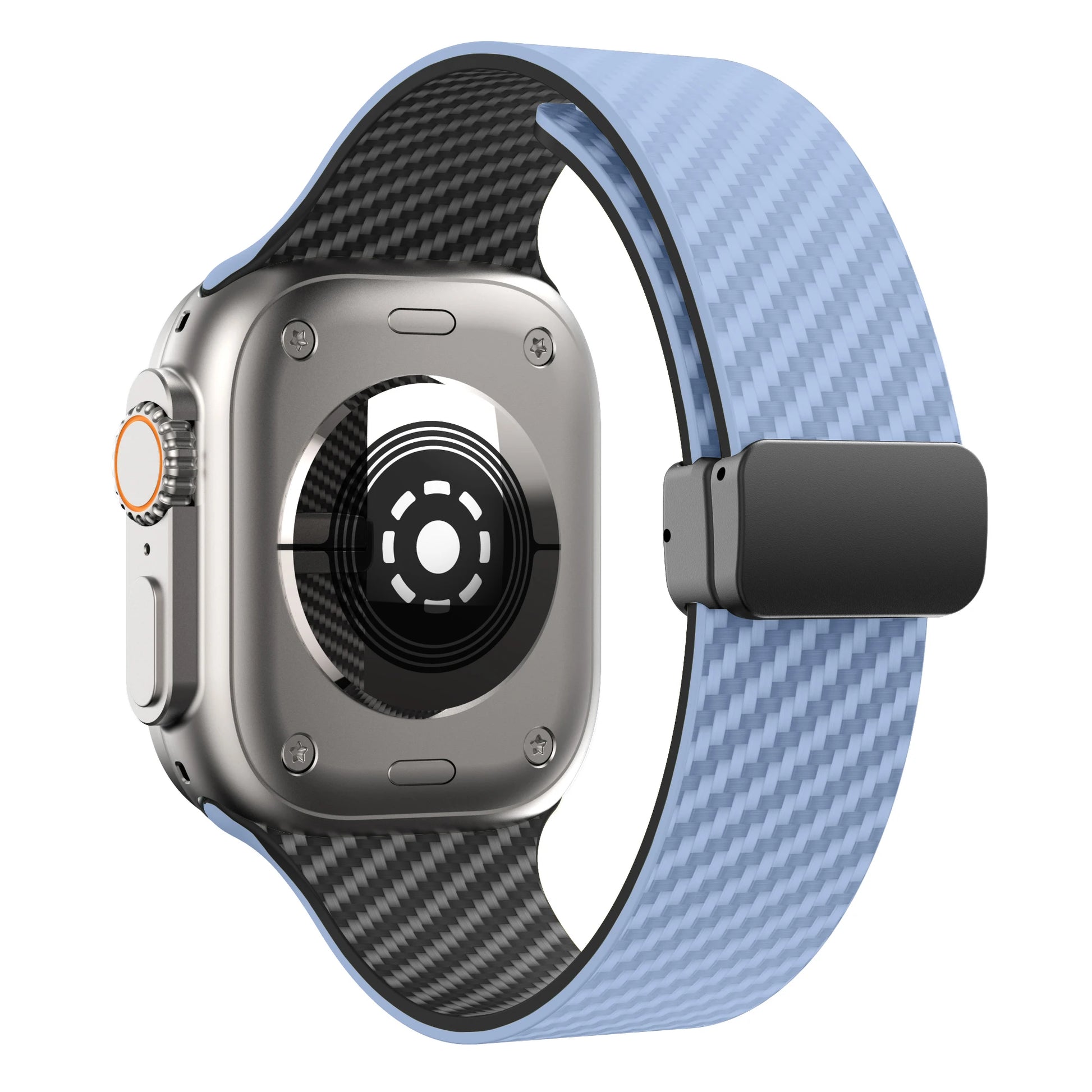 Apple Watch Silicone Strap in blue with magnetic buckle, showcasing durable and stylish design.