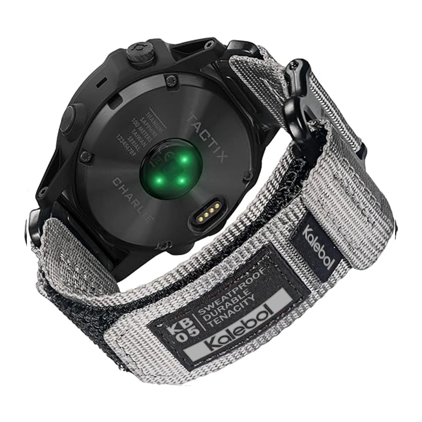 Garmin smartwatch with a durable Kalebol strap showcasing its tactical design and green sensor.