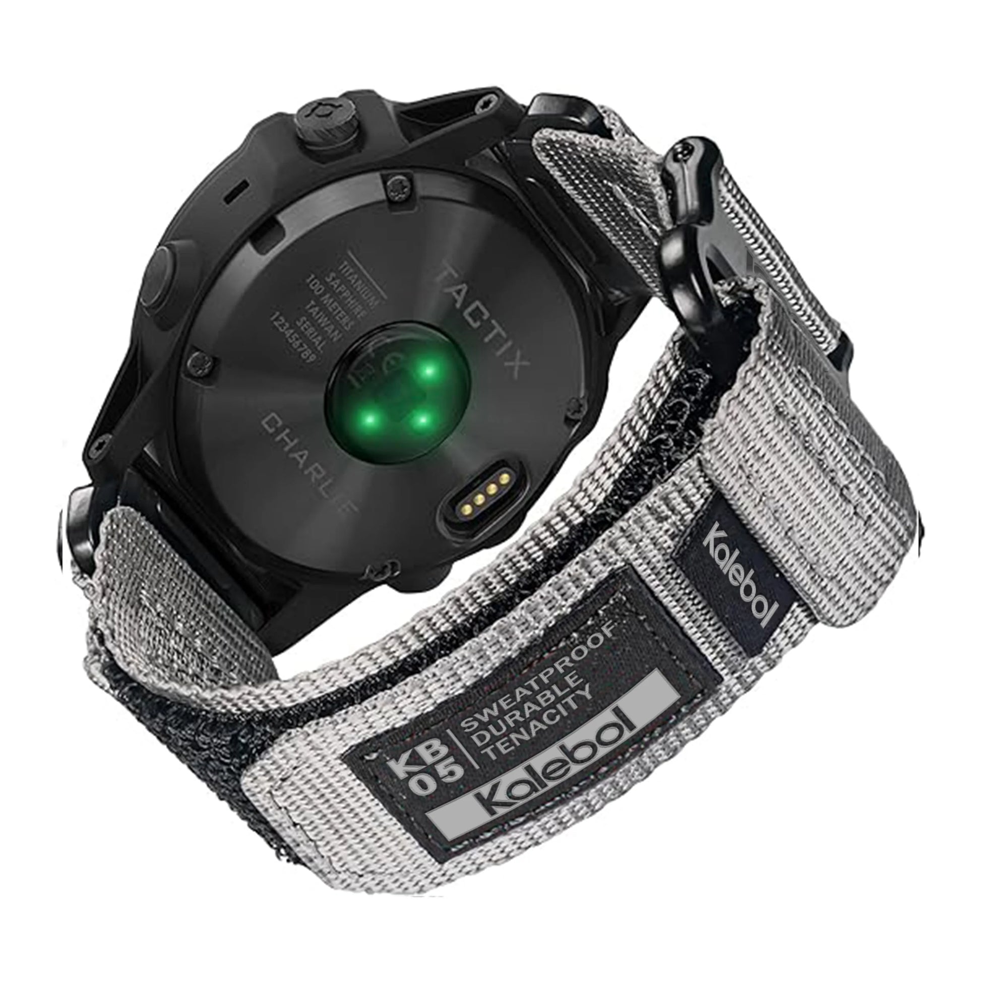 Garmin smartwatch with a durable Kalebol strap showcasing its tactical design and green sensor.