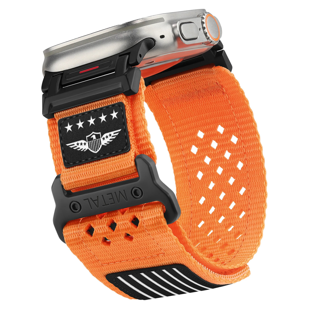 Perforated Nylon Apple Watch Sport Band with Decorative Patches in Orange - Black Patch