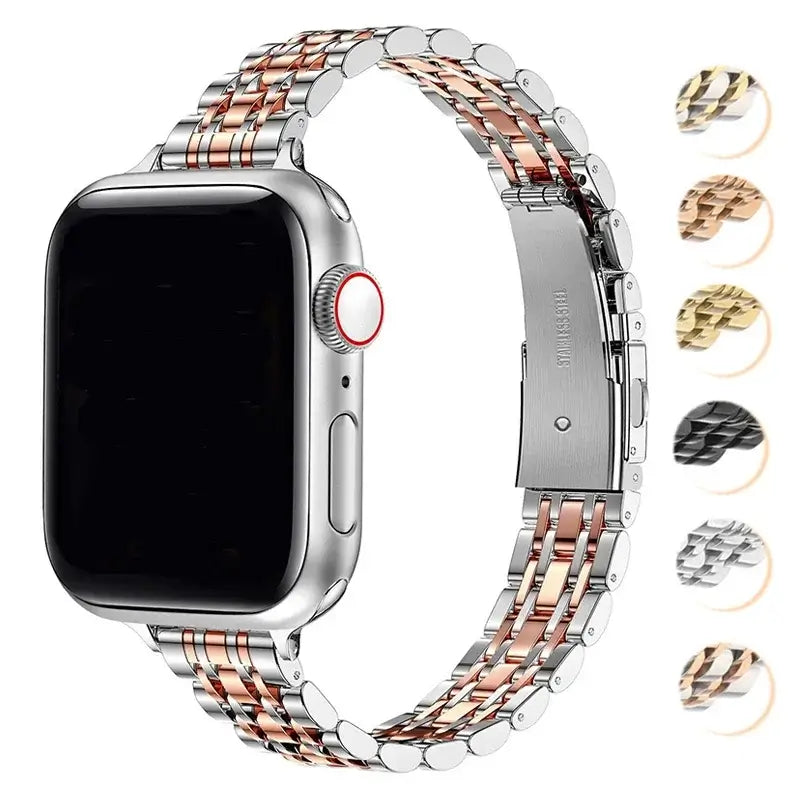 Two-tone stainless steel Apple Watch bracelet with finish preview swatches