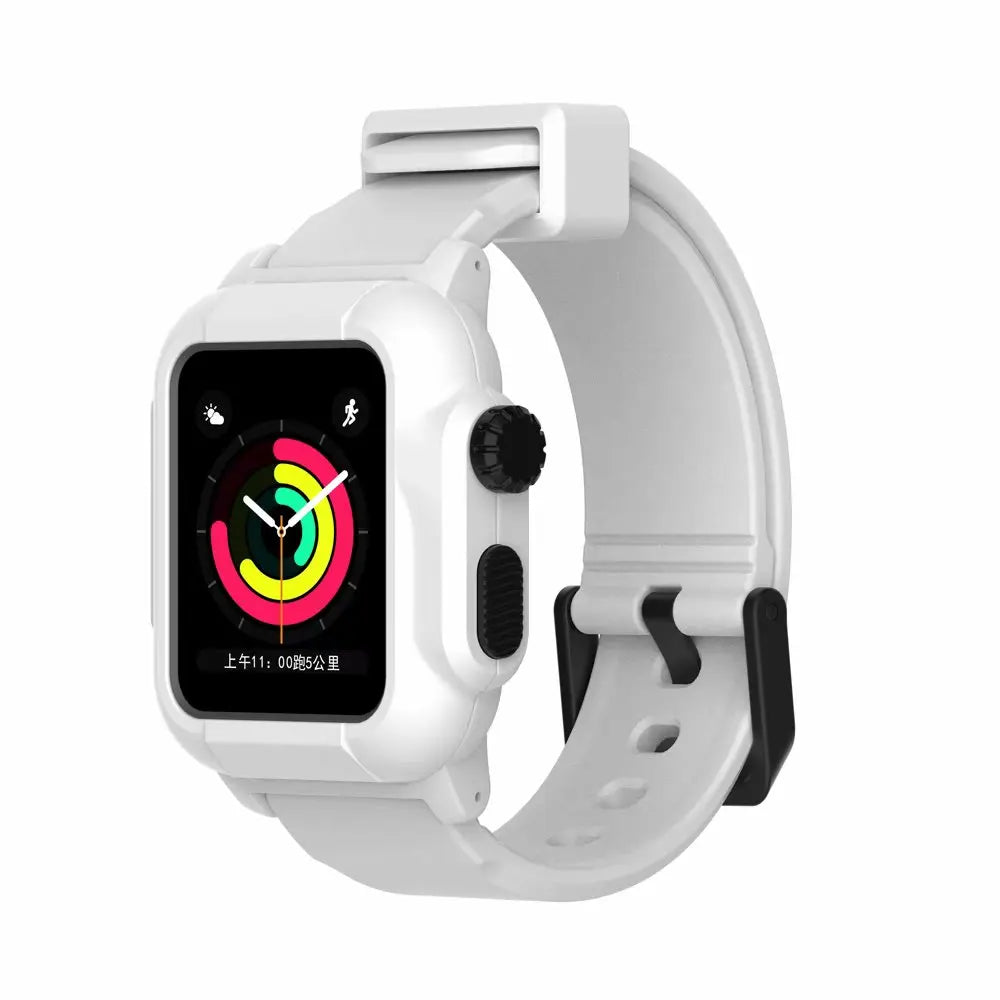 Apple Watch with white silicone strap, showcasing a waterproof luminous design for style and comfort.
