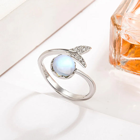 Simulated moonstone fish tail ring with Cubic Zirconia, 925 sterling silver, photo 1