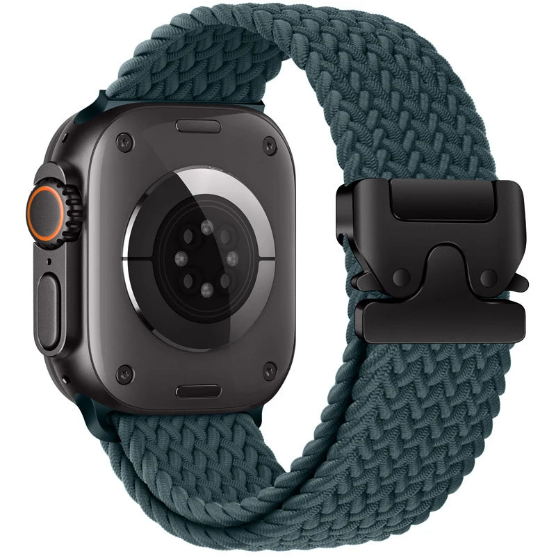 Apple Watch featuring a braided nylon parachute strap in blue, designed for comfort and breathability.
