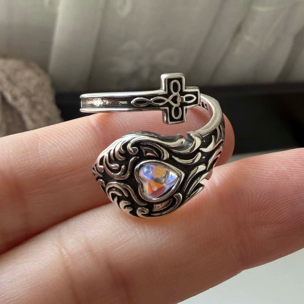 Vintage Simulated Moonstone Wrap Ring, Adjustable, 925 Sterling Silver, photo 6