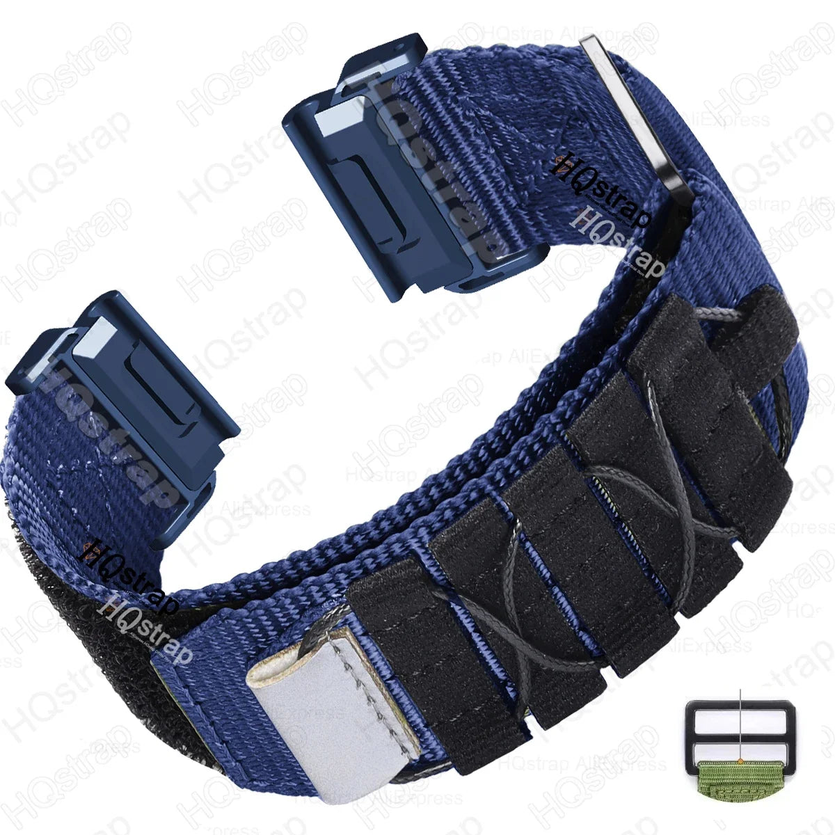 Garmin nylon replacement strap in blue, featuring durable military style for smartwatches with quickfit functionality.