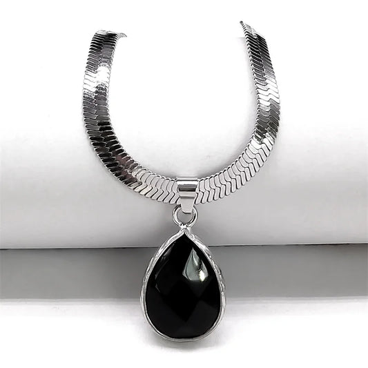 Obsidian Teardrop Pendant Necklace, Stainless Steel Snake Chain