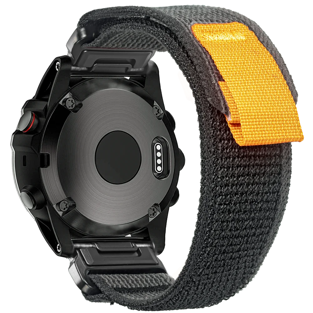 Garmin rugged woven nylon sport band for smartwatch, featuring durable black strap with orange accent for comfort and style.