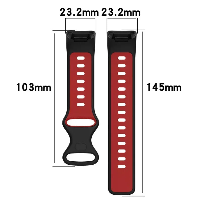 Fitbit Charge 5 soft silicone strap in black and red, measuring 103mm and 145mm for a comfortable fit and stylish look.