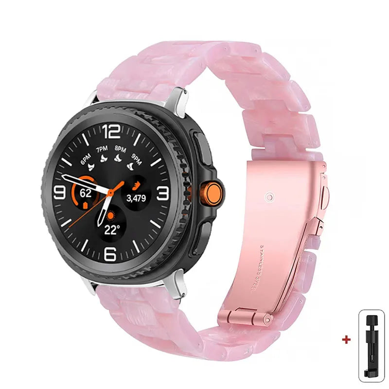 Samsung Galaxy Resin Link Watch Band - Tortoise Women Watch8/Watch8 Classic/Watch9 Ultra/Ultra2 in pearlescent pink on smartwatch.