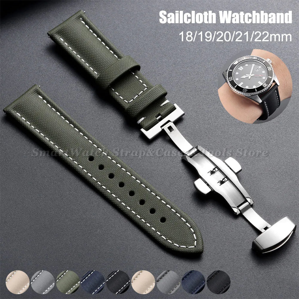 Sailcloth Band in green with butterfly clasp and color swatches