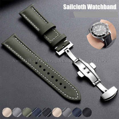 Sailcloth Band in green with butterfly clasp and color swatches