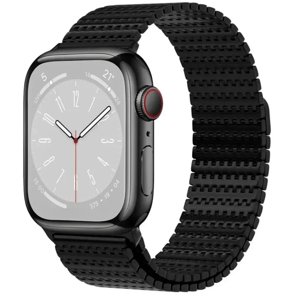 Apple Watch with black stainless steel Milanese loop band, featuring magnetic clasp for secure fit and elegant style.