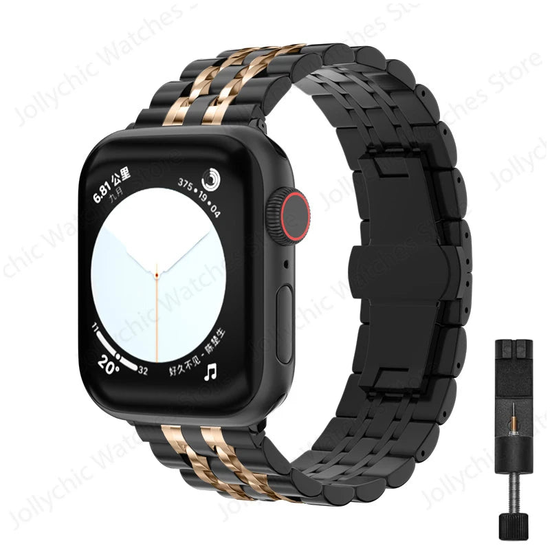 Multi-Row Stainless Steel Apple Watch Bracelet Band in Black / Rose Gold - With Tool