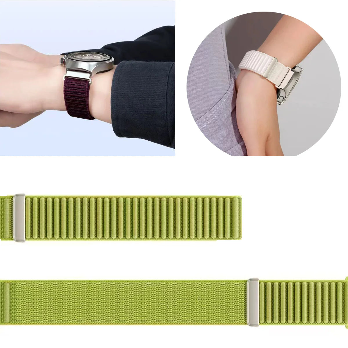 Ribbed Nylon Sport Loop Band for Motorola Moto — Burgundy and starlight wrist views with lime band texture