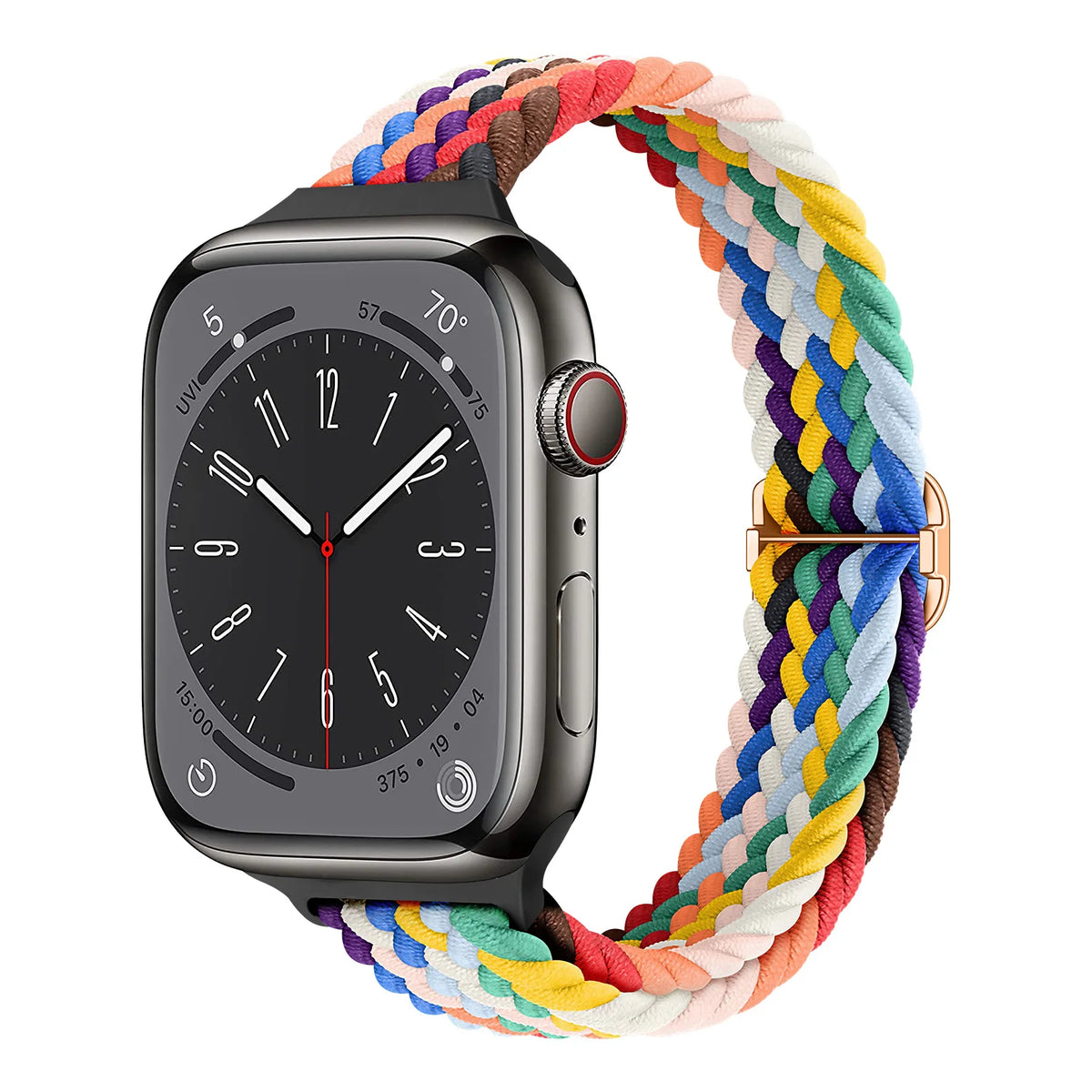 Rainbow braided stretch nylon Apple Watch band with slider