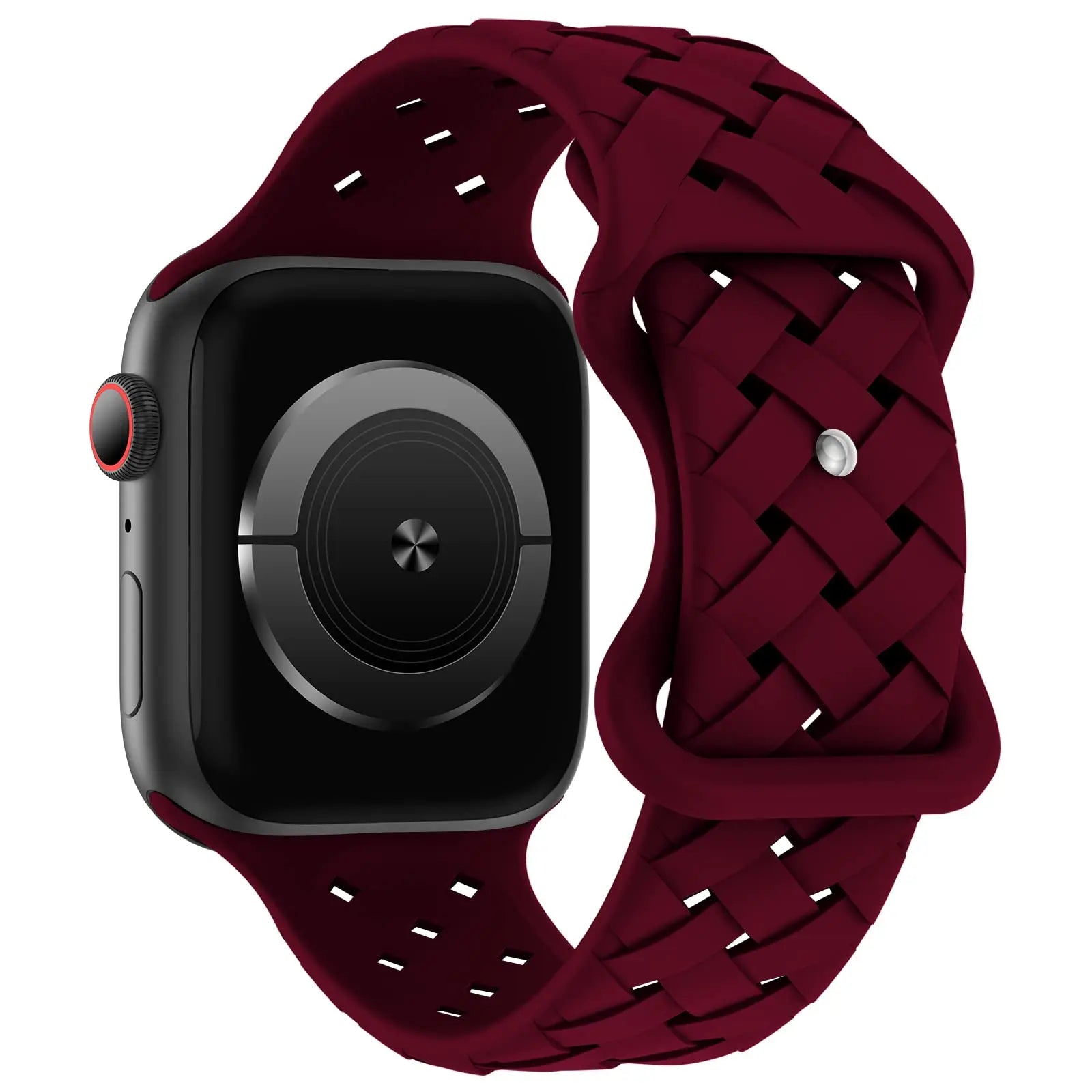 Apple Watch with burgundy silicone strap, sporty and breathable design for comfort and active lifestyles.