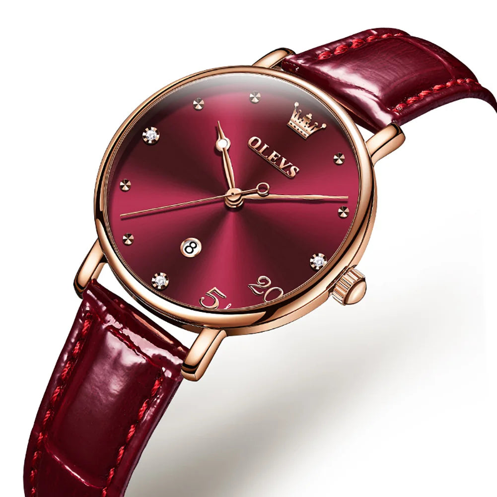 Women's Glossy Leather Date Watch — Wine Red / Wine Red Dial — BandsCo Straps