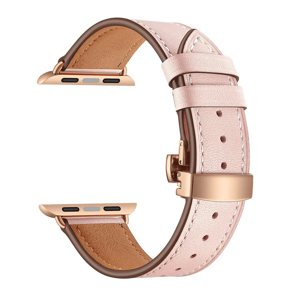 Contrast-Stitched Leather Apple Watch Band with Folding Clasp in Rose Gold / Soft Pink