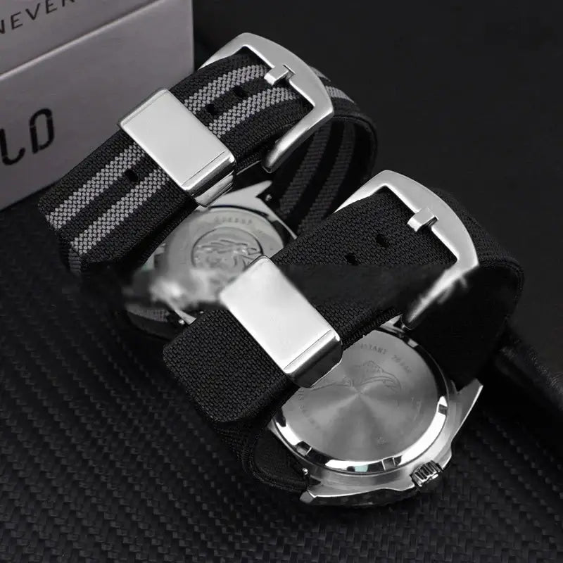 Suunto Nylon Band with Wide Metal Keeper - Black and striped straps on watches