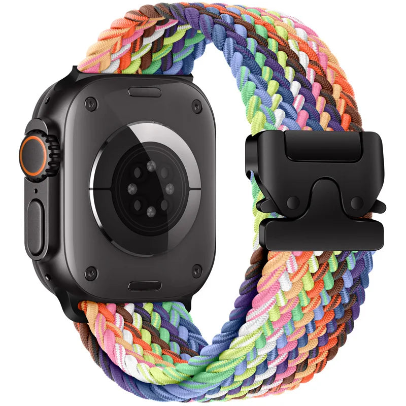 Rainbow braided nylon Apple Watch band with parachute-style buckle