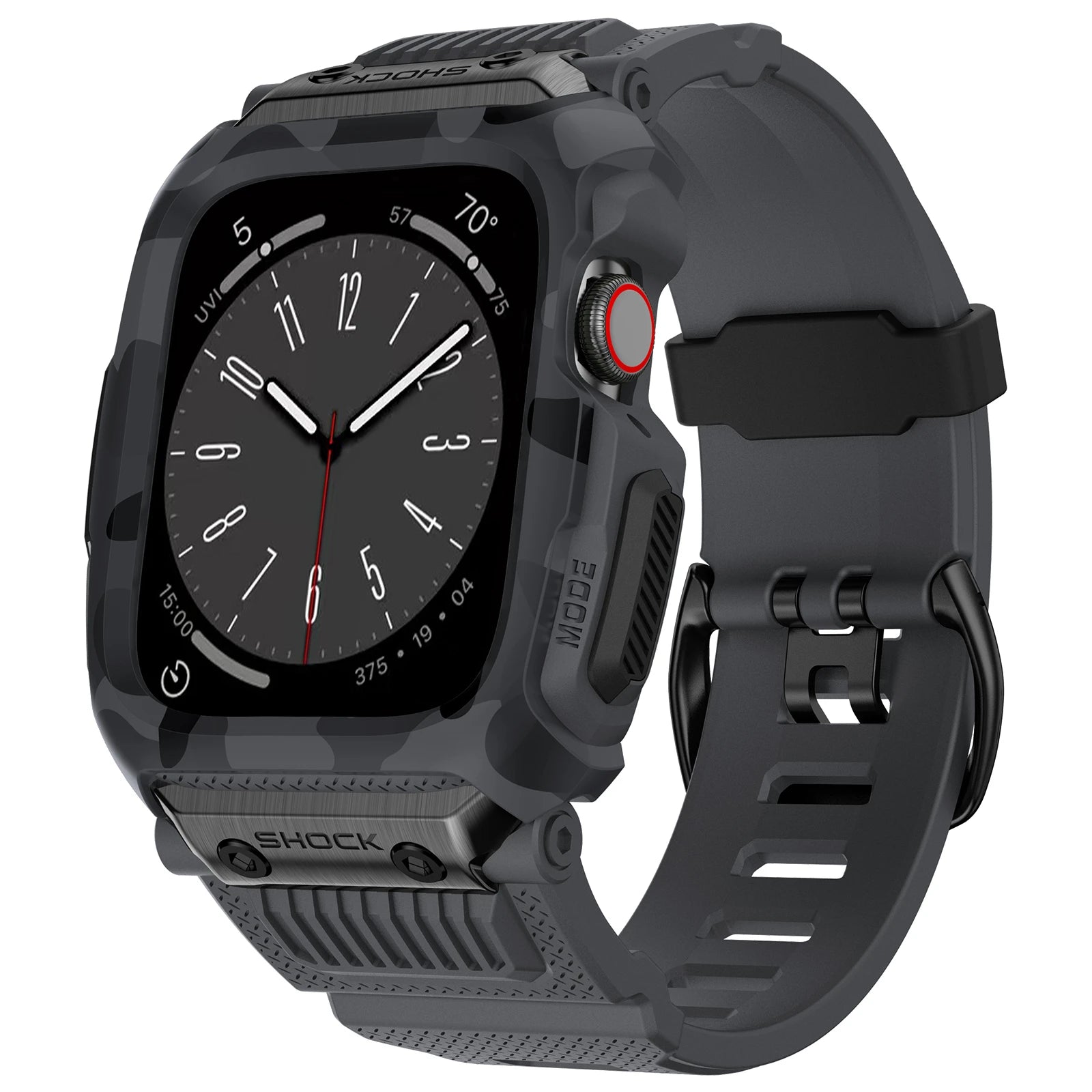 Apple Watch with a durable camouflage rubber strap, featuring a robust design and waterproof functionality.