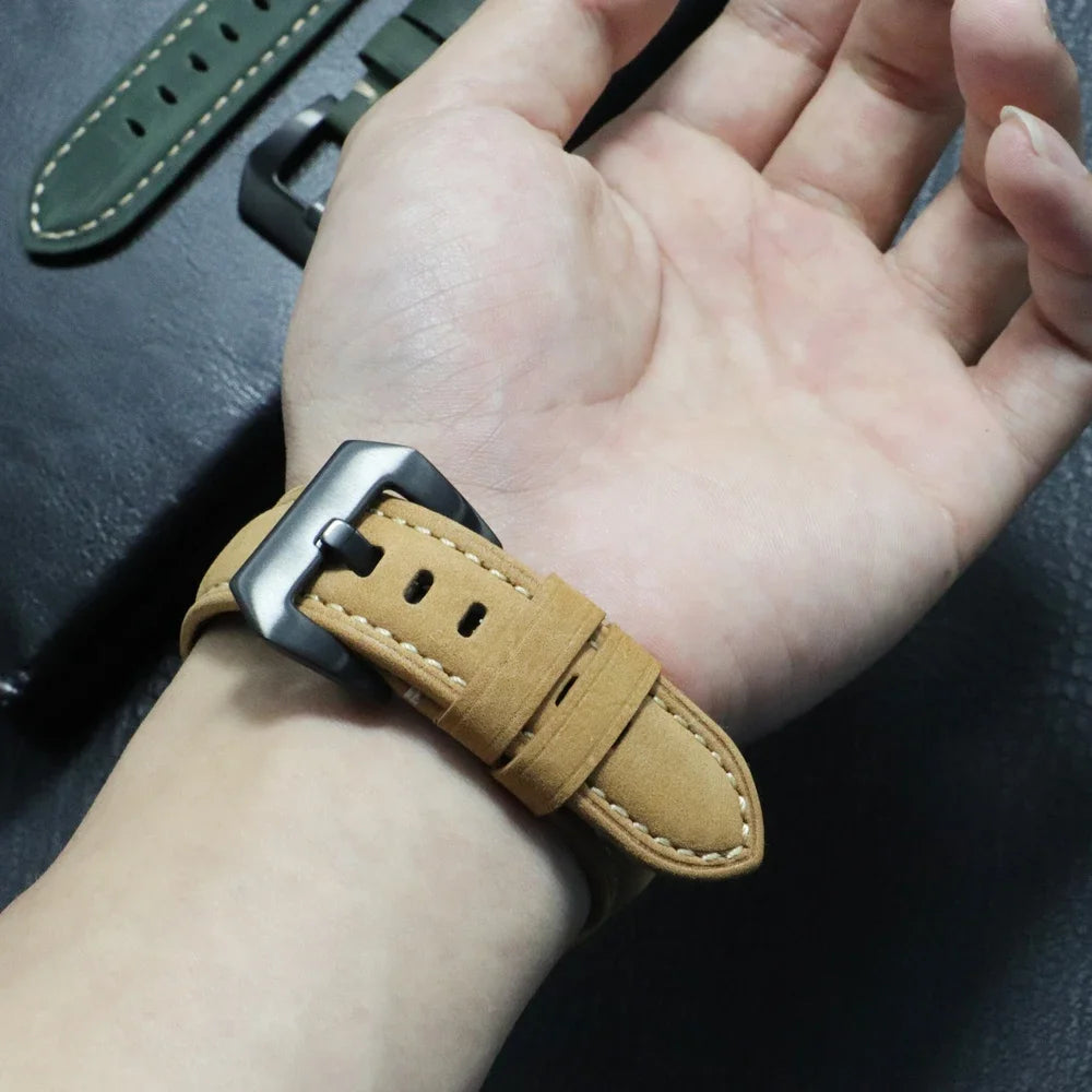 Garmin QuickFit Stitched Leather Buckle Band tan leather band shown on a wrist