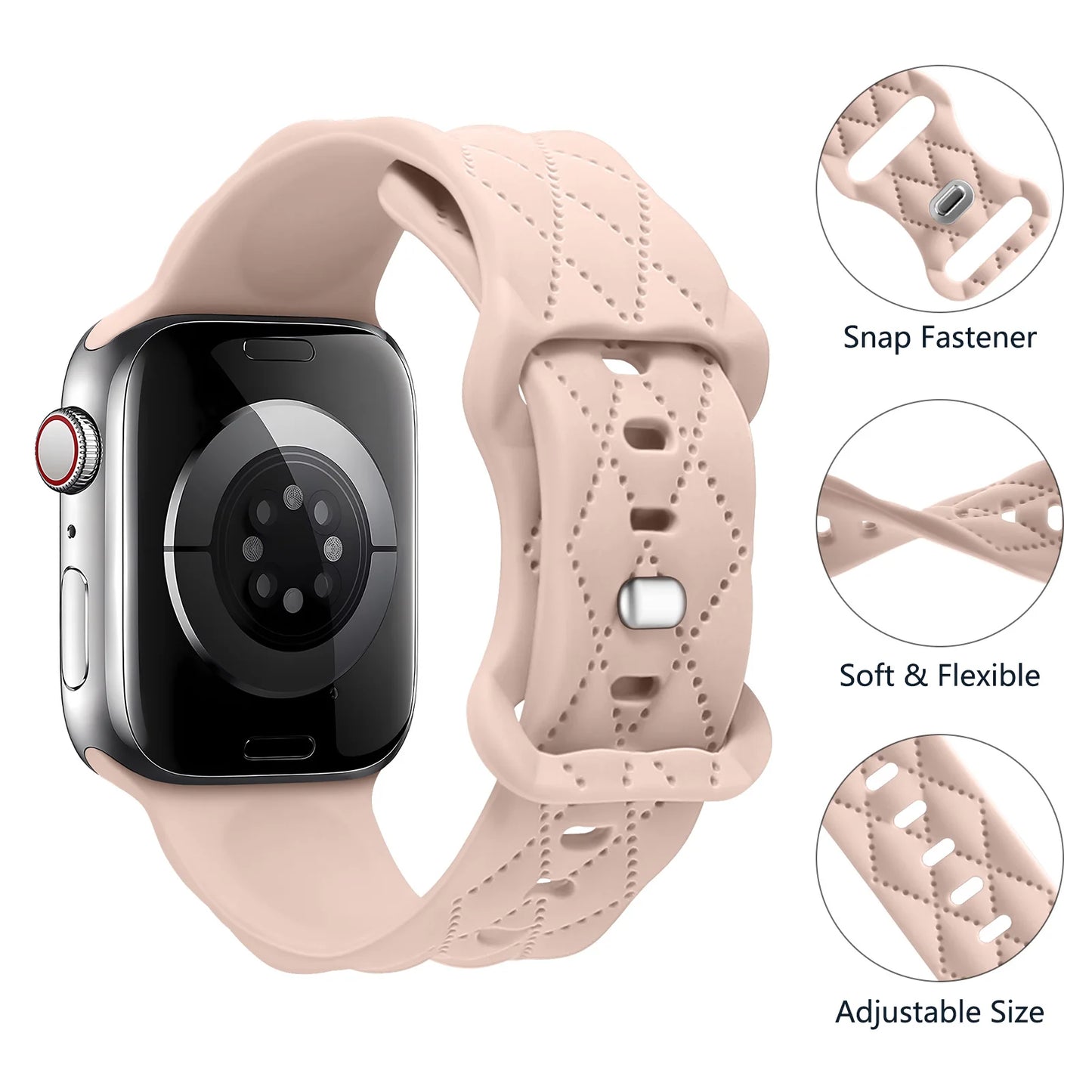 Apple Watch Silicone Strap in soft pink, featuring soft, flexible material, adjustable size, and snap fastener design.