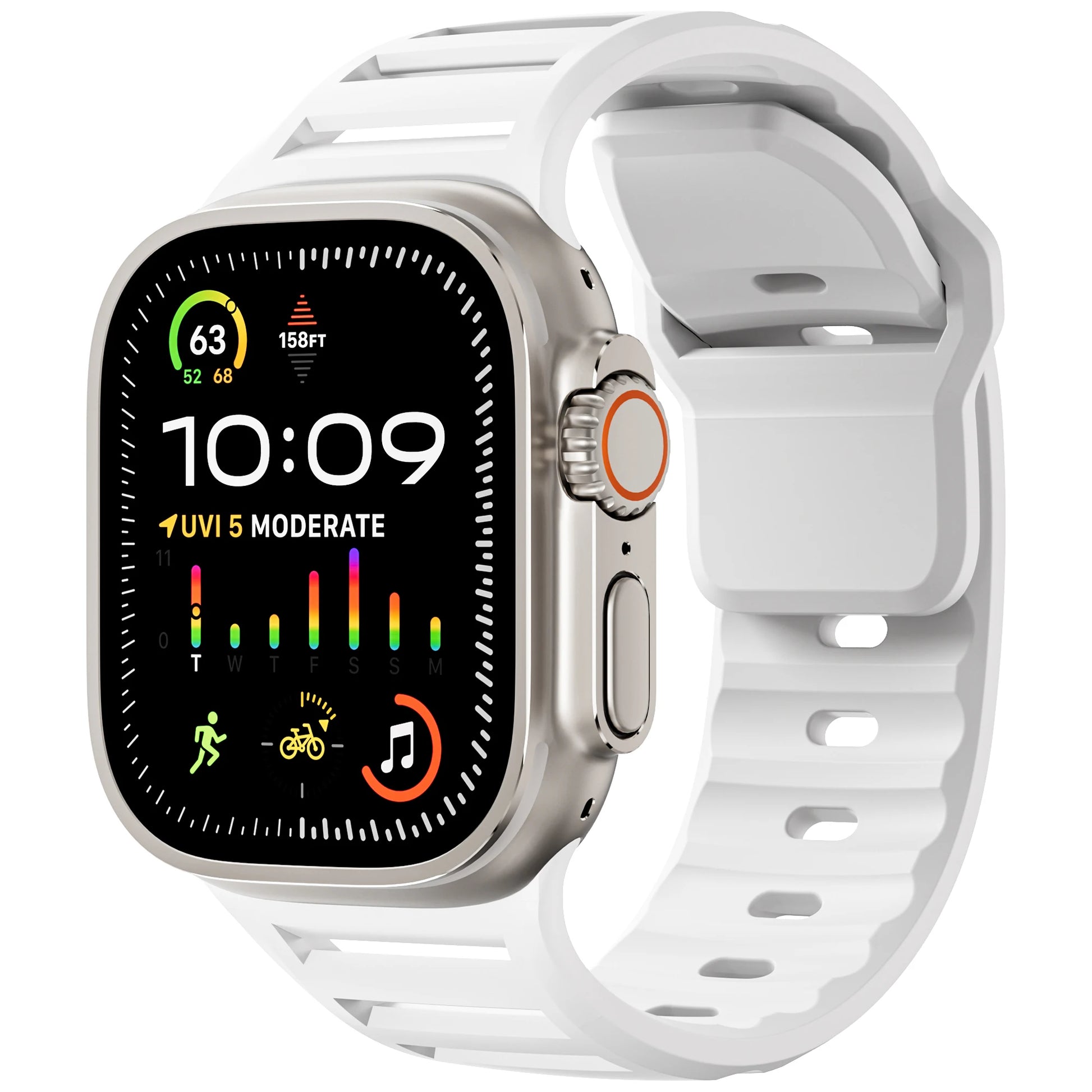 Apple Watch with white silicone sport band displaying fitness metrics and time.