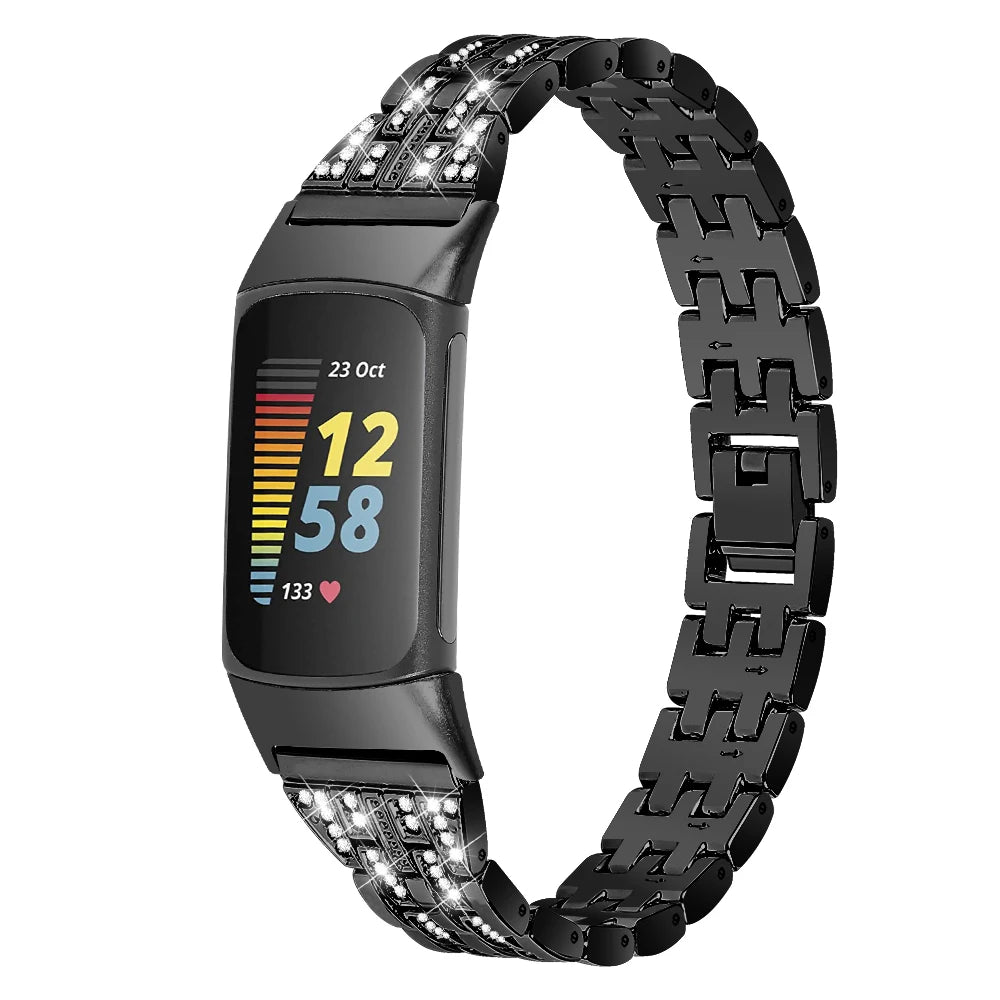 Fitbit Charge 5 with stylish diamond strap, bling replacement band for smartwatch from Bandsco Straps.
