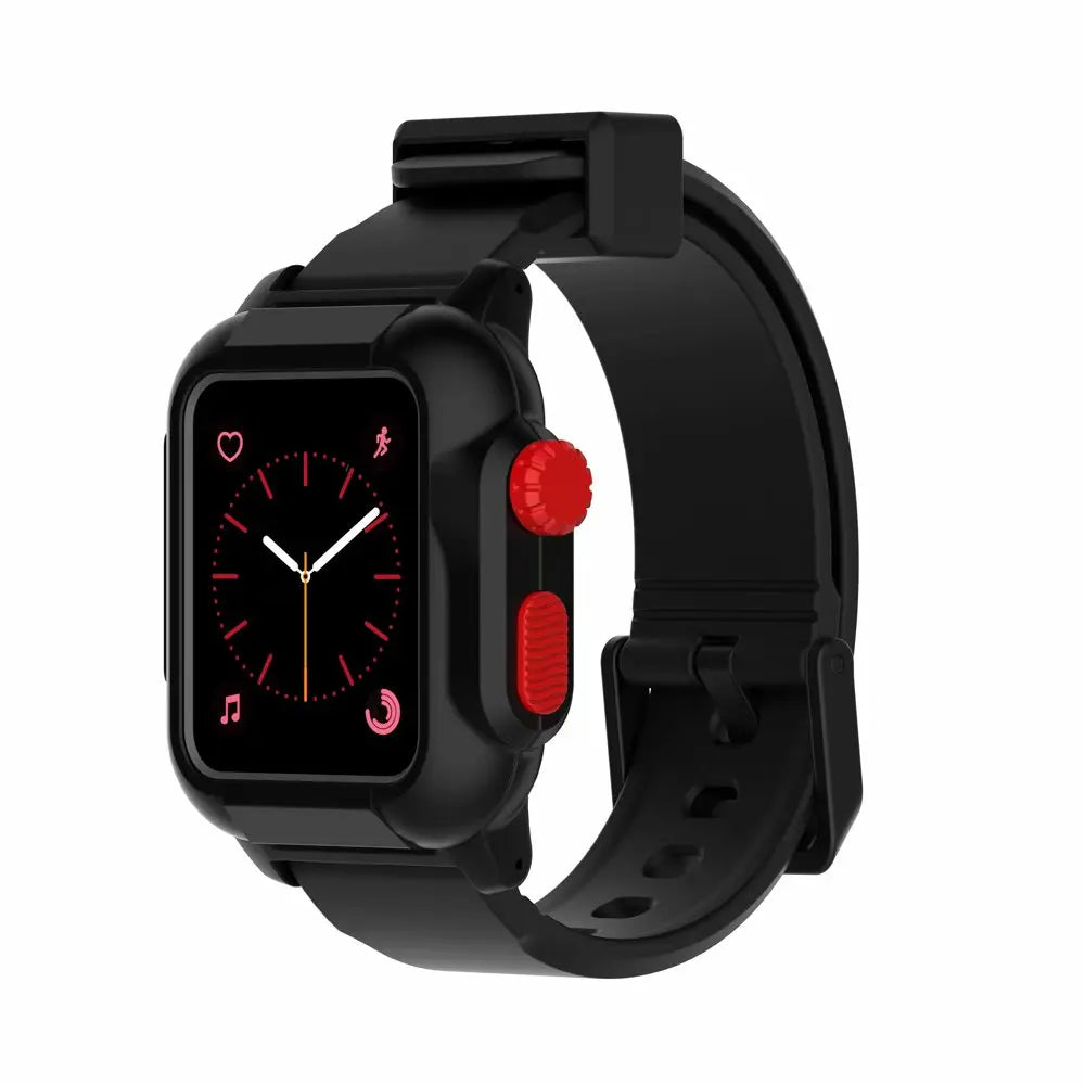 Apple Watch with black silicone strap featuring red accents and waterproof luminous design for versatile style and comfort.