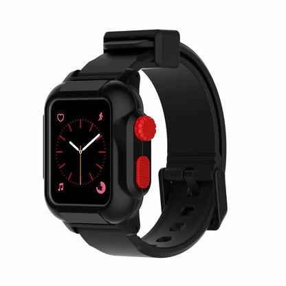 Apple Watch with black silicone strap featuring red accents and waterproof luminous design for versatile style and comfort.