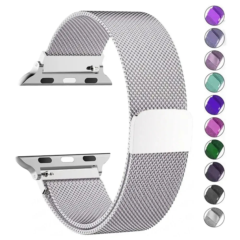 Silver stainless steel mesh Apple Watch band with color preview swatches