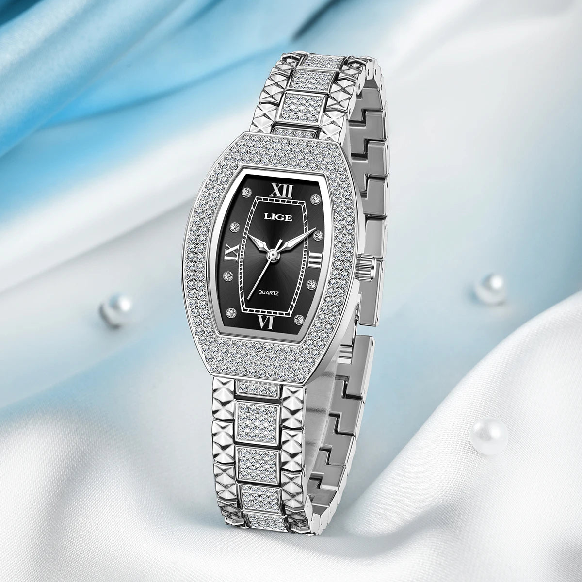 Women's Crystal Tonneau Quartz Bracelet Watch — Decorative bracelet and curved case