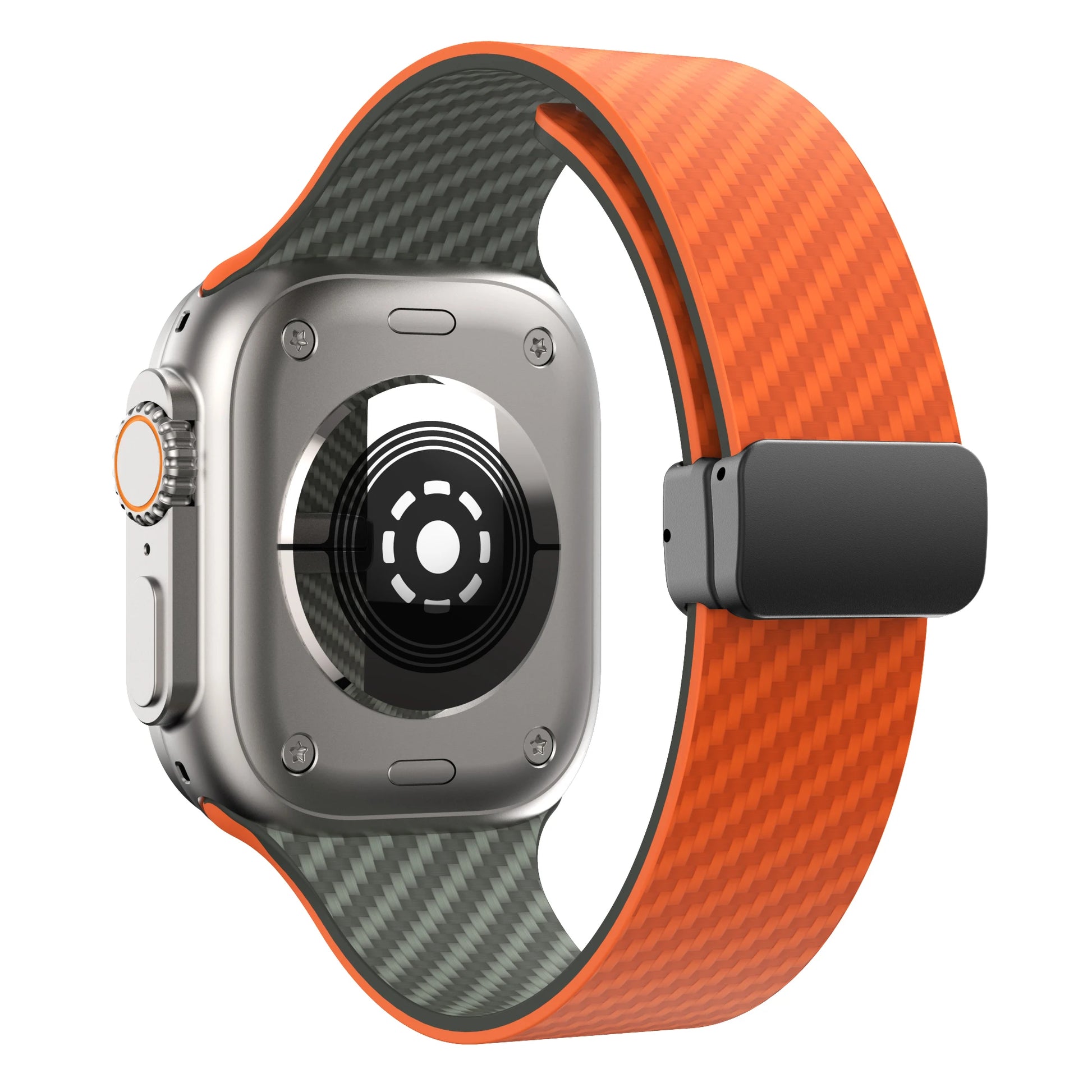 Apple Watch with orange silicone strap and magnetic buckle, featuring a durable design for comfort and security.