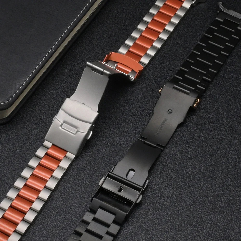 Samsung Galaxy Stainless Steel Link Watch Band - Ultra/Ultra2 in black and silver color options, showcasing clasp details.