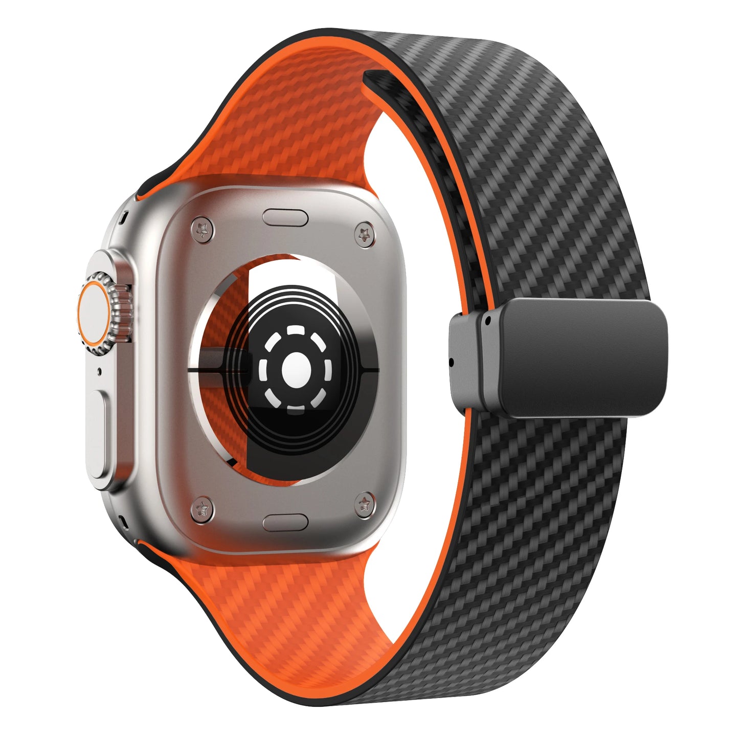 Apple Watch with black and orange silicone strap featuring magnetic buckle design for comfort and durability.