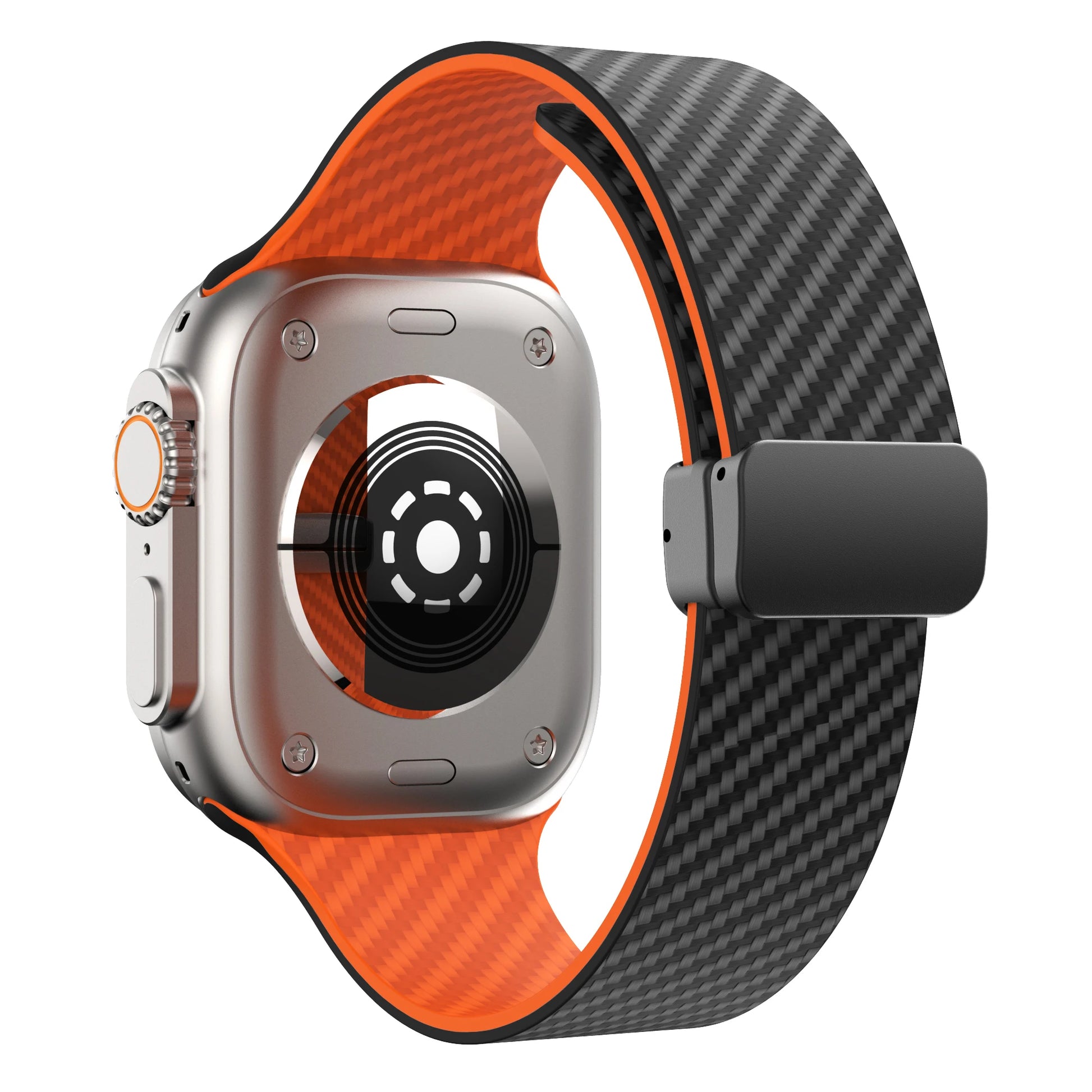 Apple Watch with black and orange silicone strap featuring magnetic buckle design for comfort and durability.